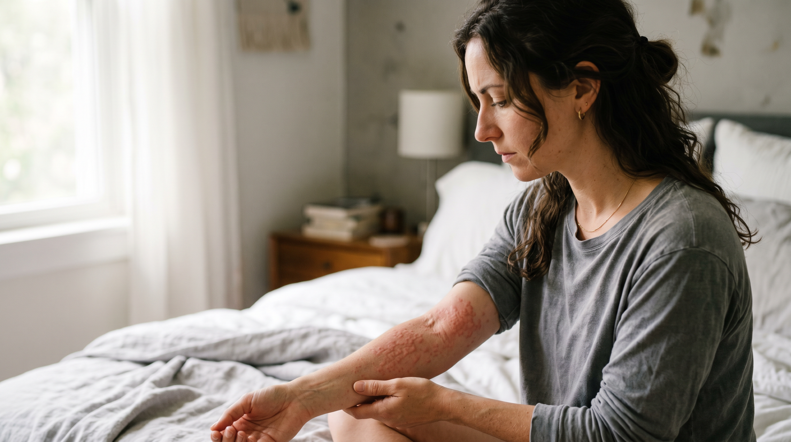 Alpha-gal syndrome — a woman examining itchy hives on her forearm at night