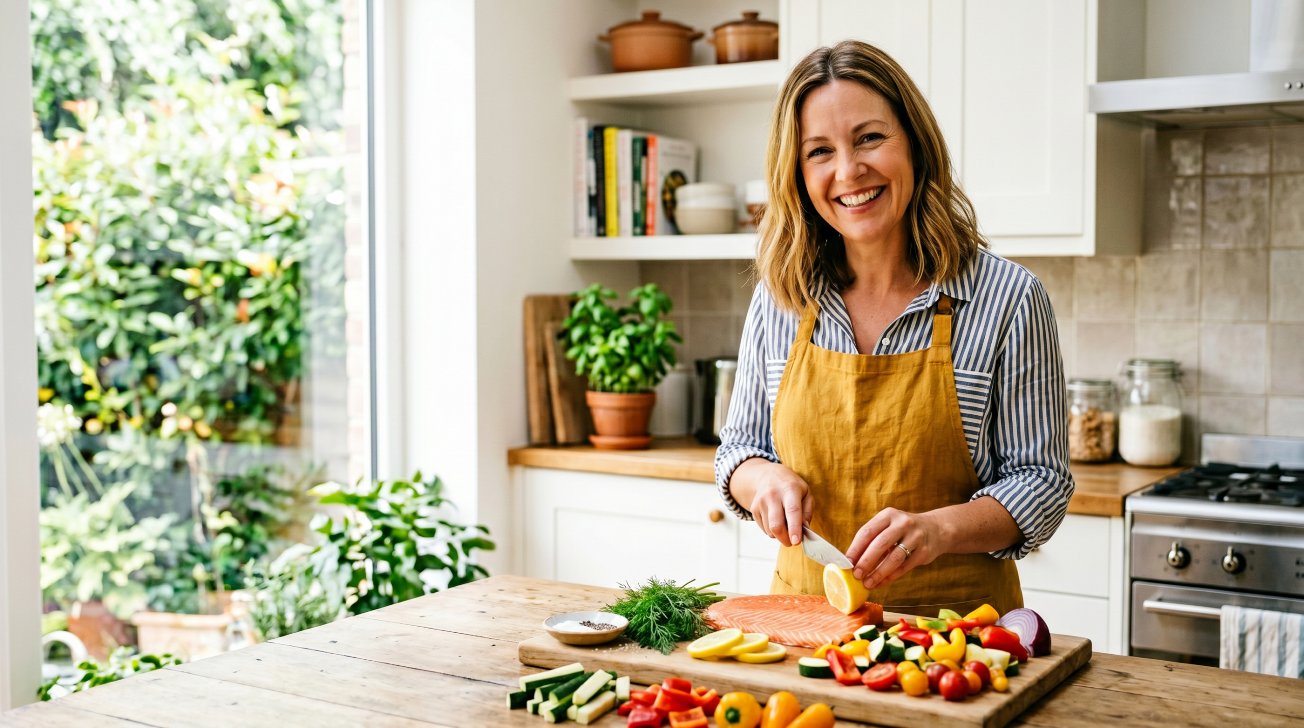 Alpha-gal syndrome — a woman preparing a healthy meal of fish and vegetables as part of her diet