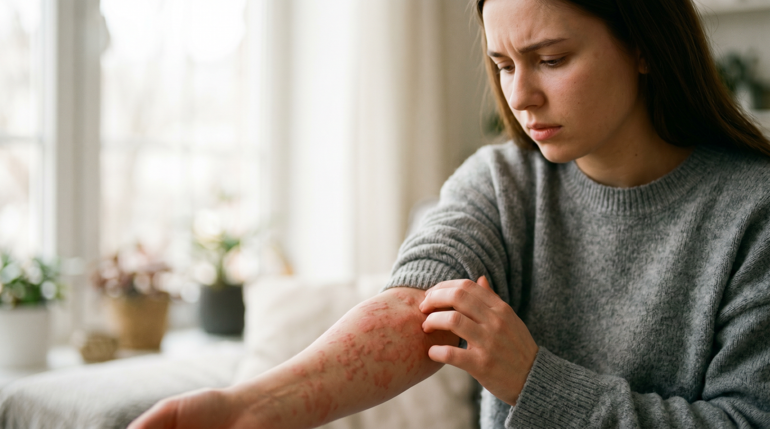 anaphylaxis — a woman checking spreading hives on her forearm as one of the symptoms of anaphylaxis