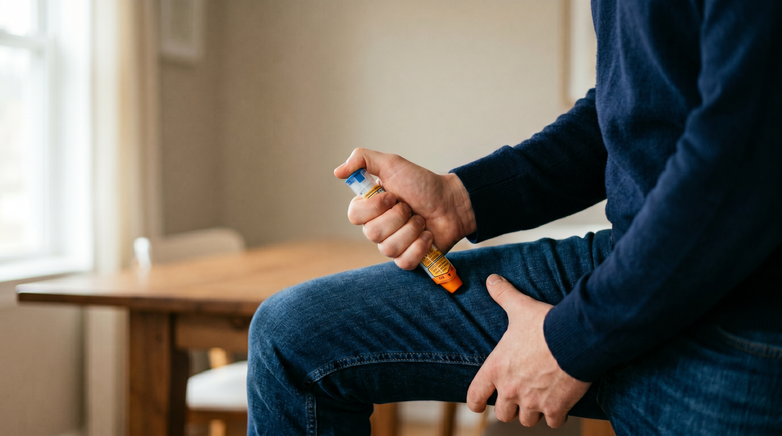 anaphylaxis — correct administration of an adrenaline auto-injector into the outer thigh muscle during anaphylaxis
