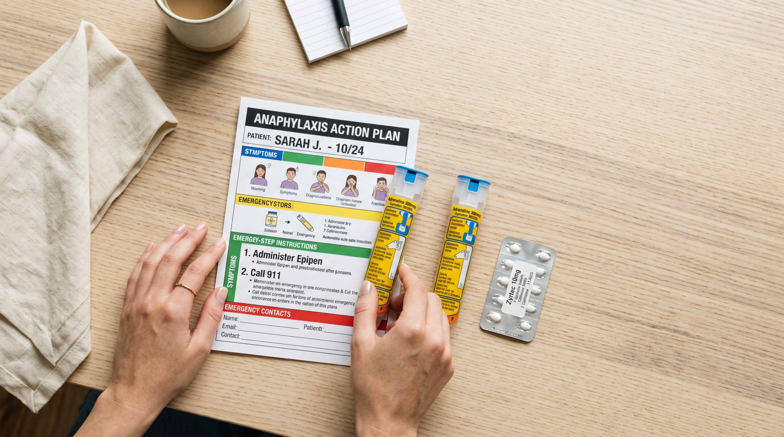 anaphylaxis — preparing an emergency kit for an allergy sufferer with an action plan and two auto-injectors