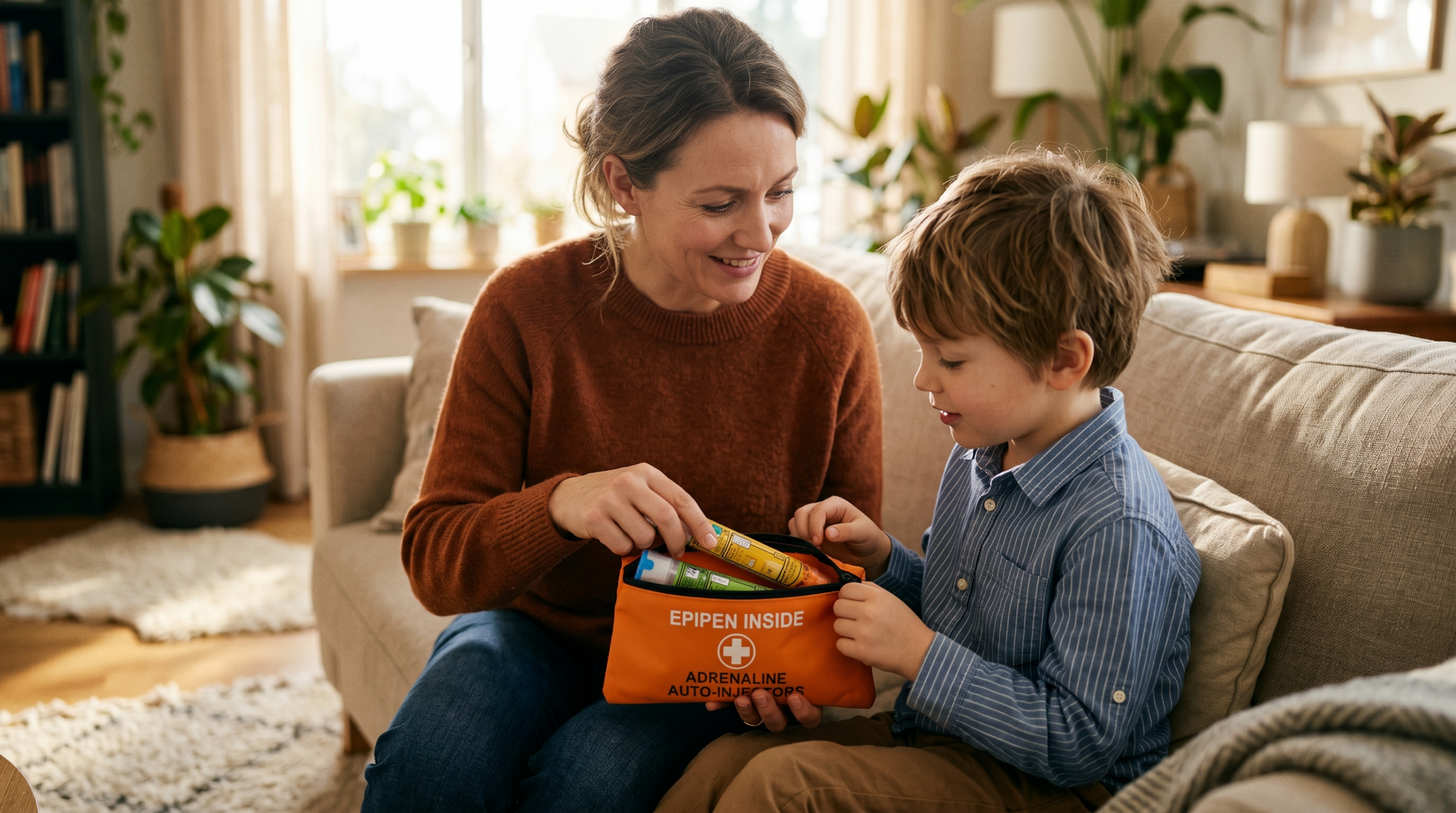 anaphylaxis — a mother showing her child an emergency kit with an adrenaline pen in case of anaphylaxis