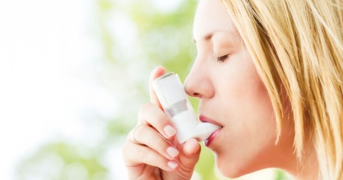 Various types of inhalers and medications for allergic asthma.