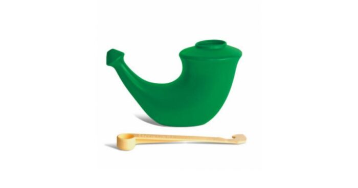 Neti pot for nasal rinse — Close-up of a blue Rhino Horn neti pot.