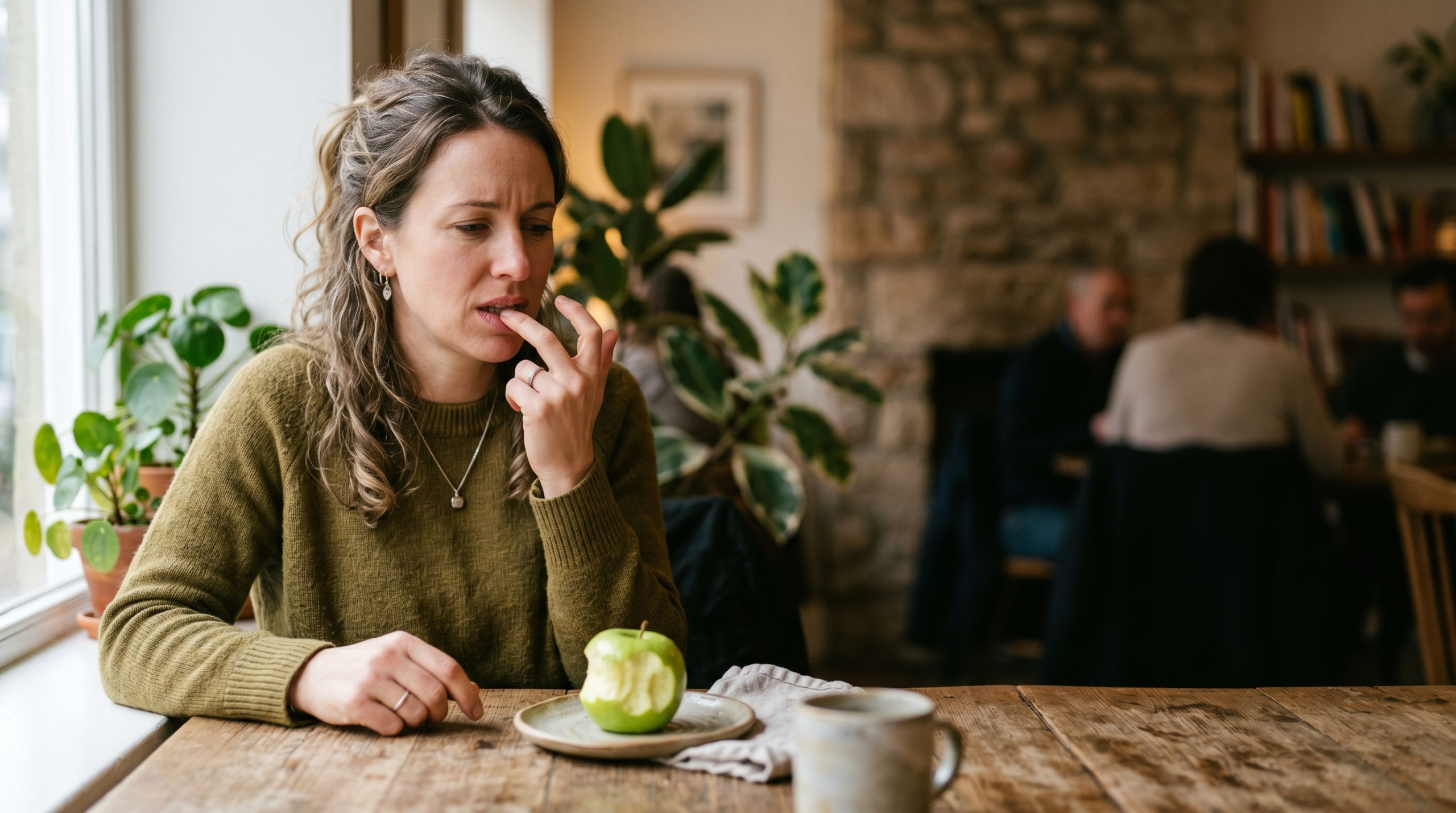 Cross-reactive allergy — a woman experiencing lip tingling after eating an apple, a symptom of oral allergy syndrome.