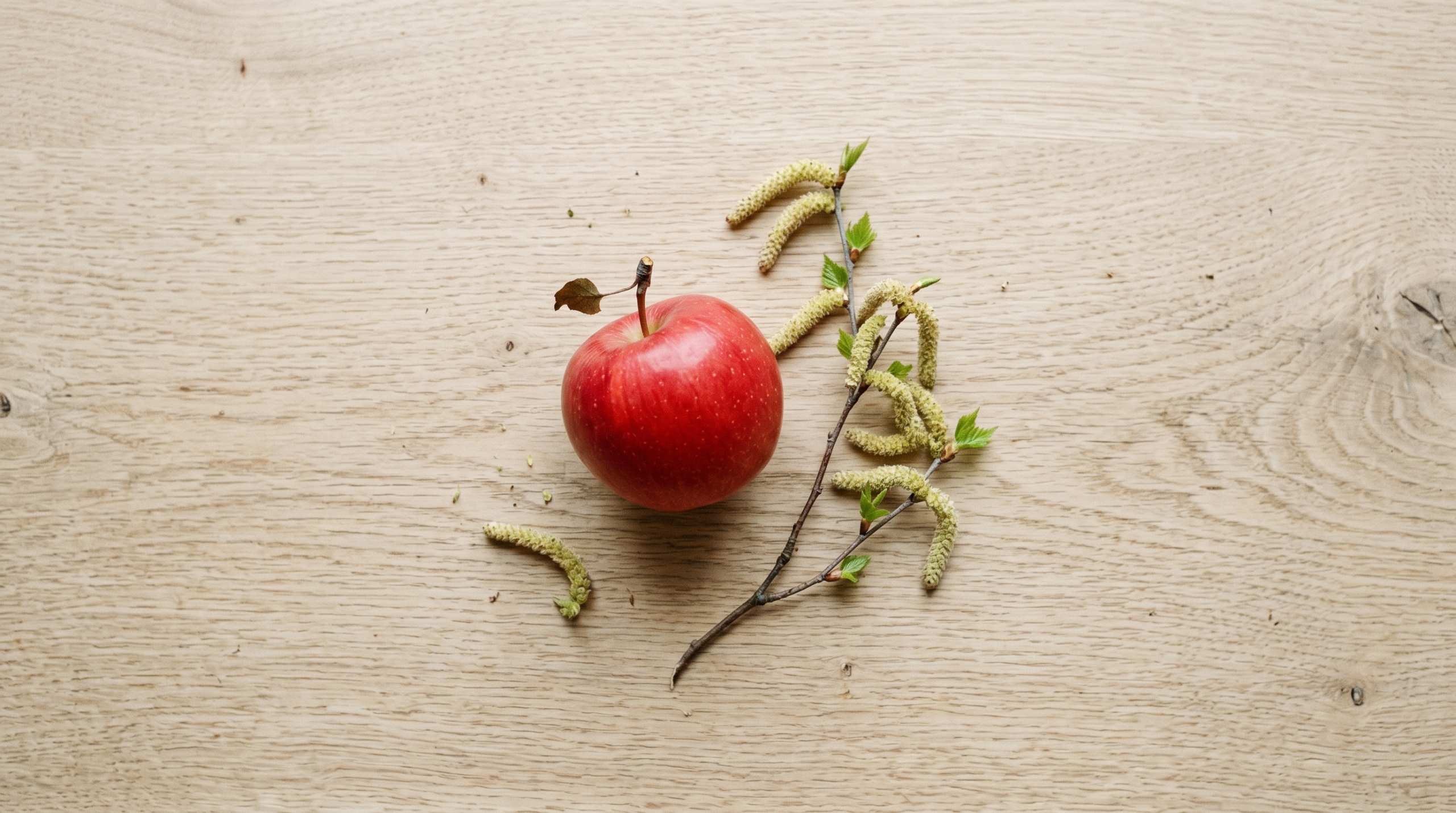 Cross-reactive allergy — an apple and a birch branch with catkins, symbolising the most common pollen-food syndrome.