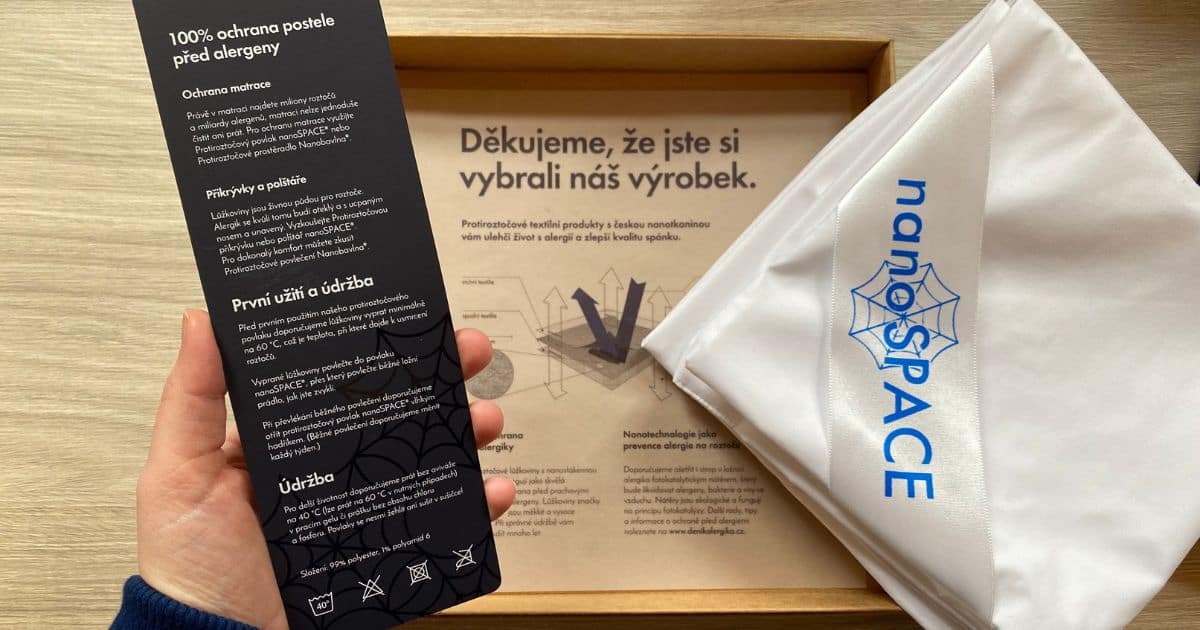 We ordered a pack of 2 nanoSPACE anti-dust mite pillow covers. They arrived in a square box decorated with a cobweb design, wrapped in sturdy blue paper with the manufacturer's logo and product dimensions. Inside, we found the neatly folded covers, a thank-you note, and instructions on how to use and care for the cover.