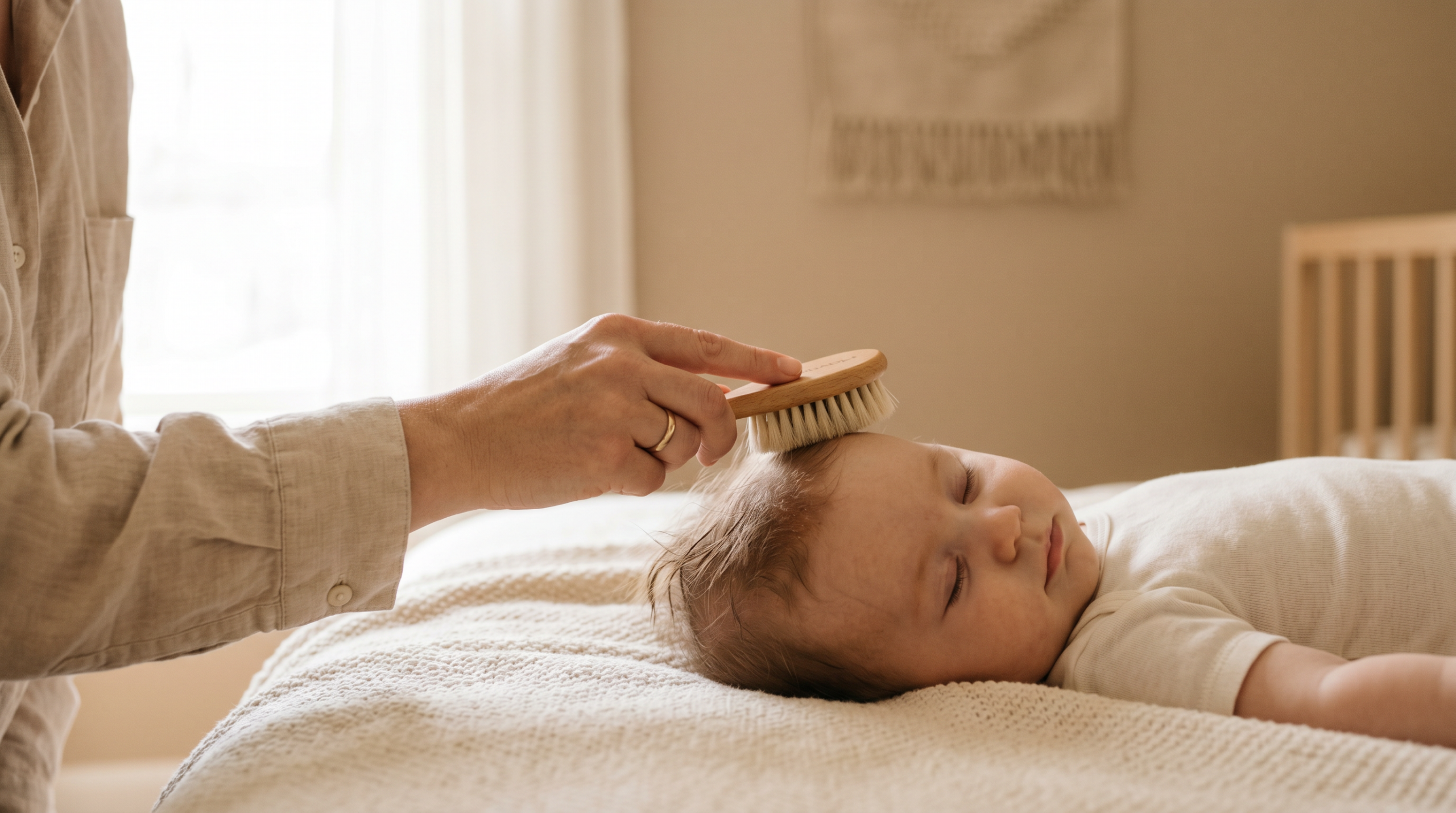 Seboroický ekzém — péče o kojeneckou kolébkovou čapku na hlavičce miminka. Seborrhoeic dermatitis — caring for cradle cap on a baby's head.