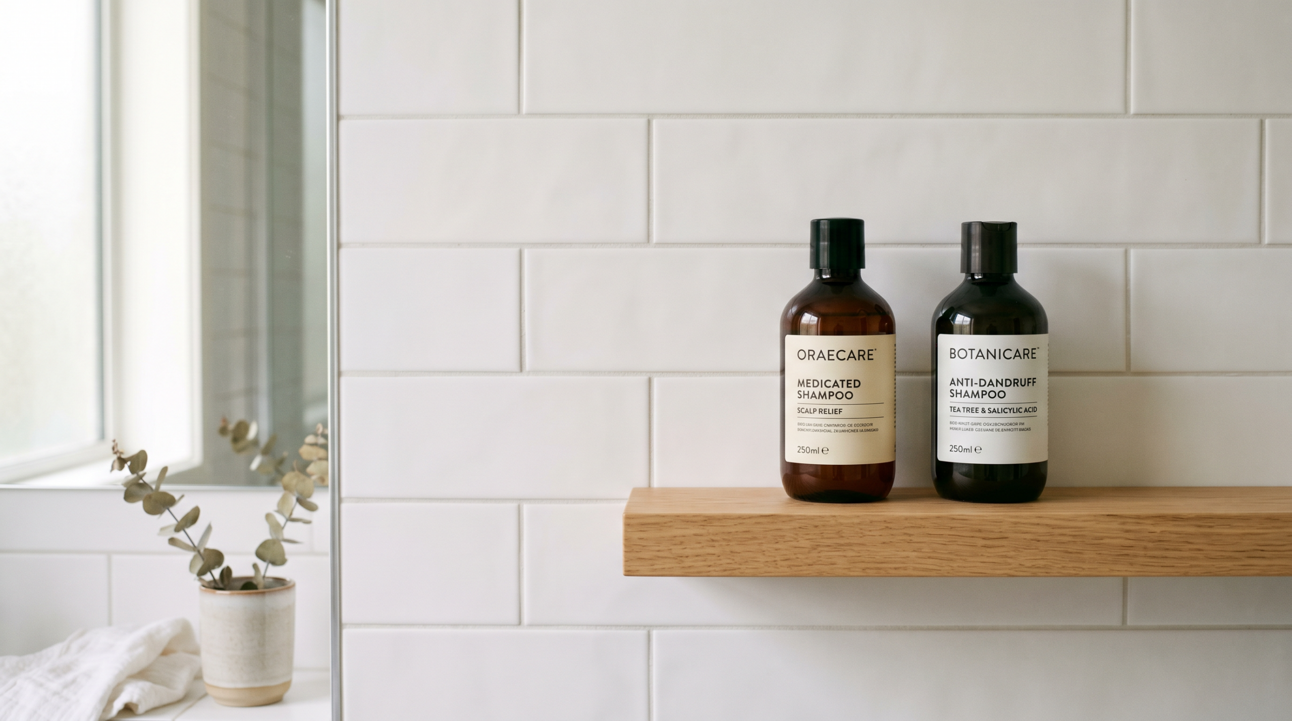 Seboroický ekzém — léčebné šampony s ketokonazolem a dalšími účinnými látkami v koupelně. Seborrhoeic dermatitis — medicated shampoos with ketoconazole and other active ingredients in a bathroom.