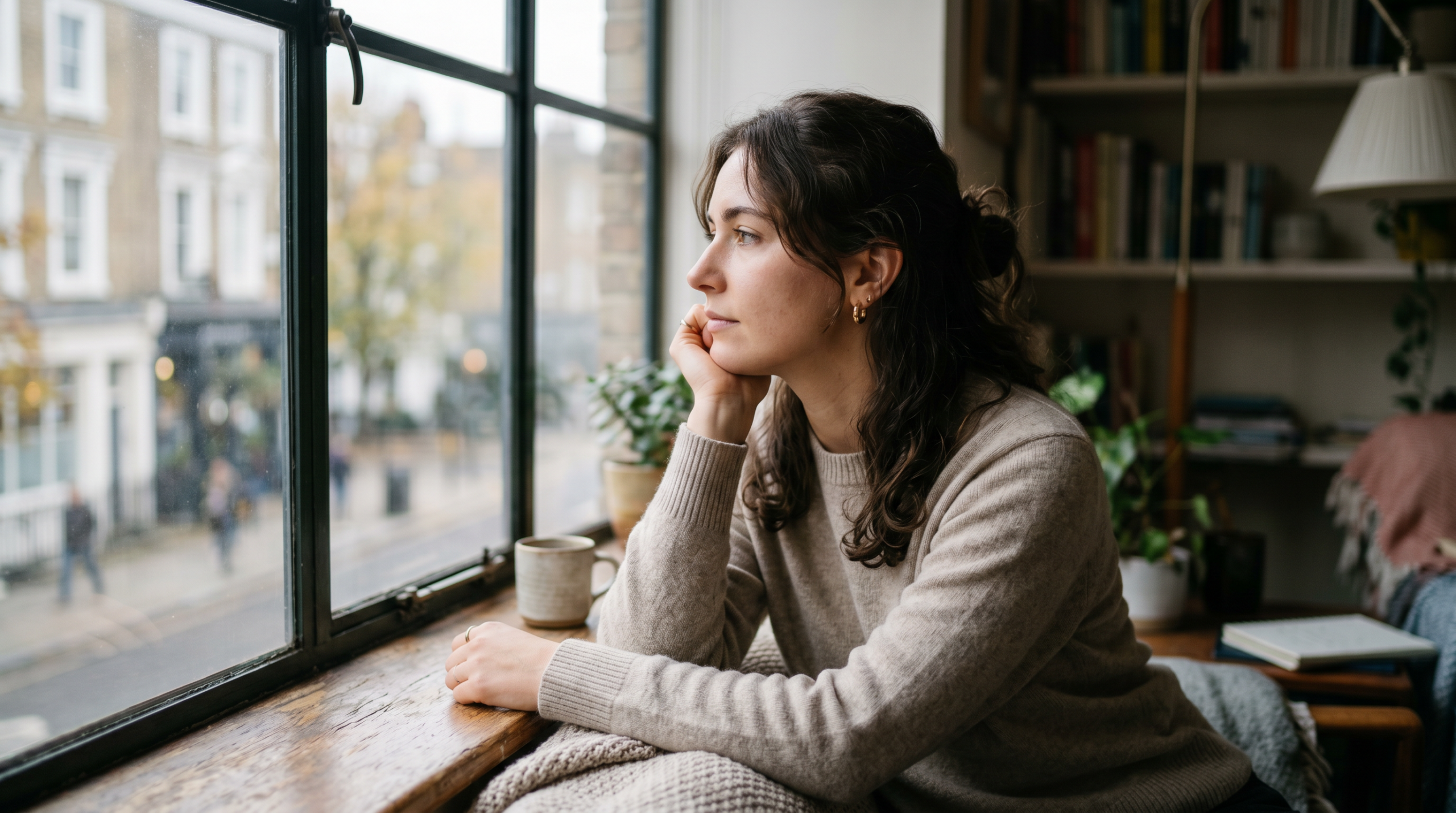 Seboroický ekzém — zamyšlená žena u okna, symbolizující dopad kožního onemocnění na psychiku. Seborrhoeic dermatitis — a pensive woman by a window, symbolising the psychological impact of a skin condition.