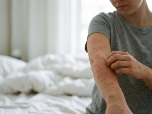 štípance od roztočů — alergická vyrážka na předloktí