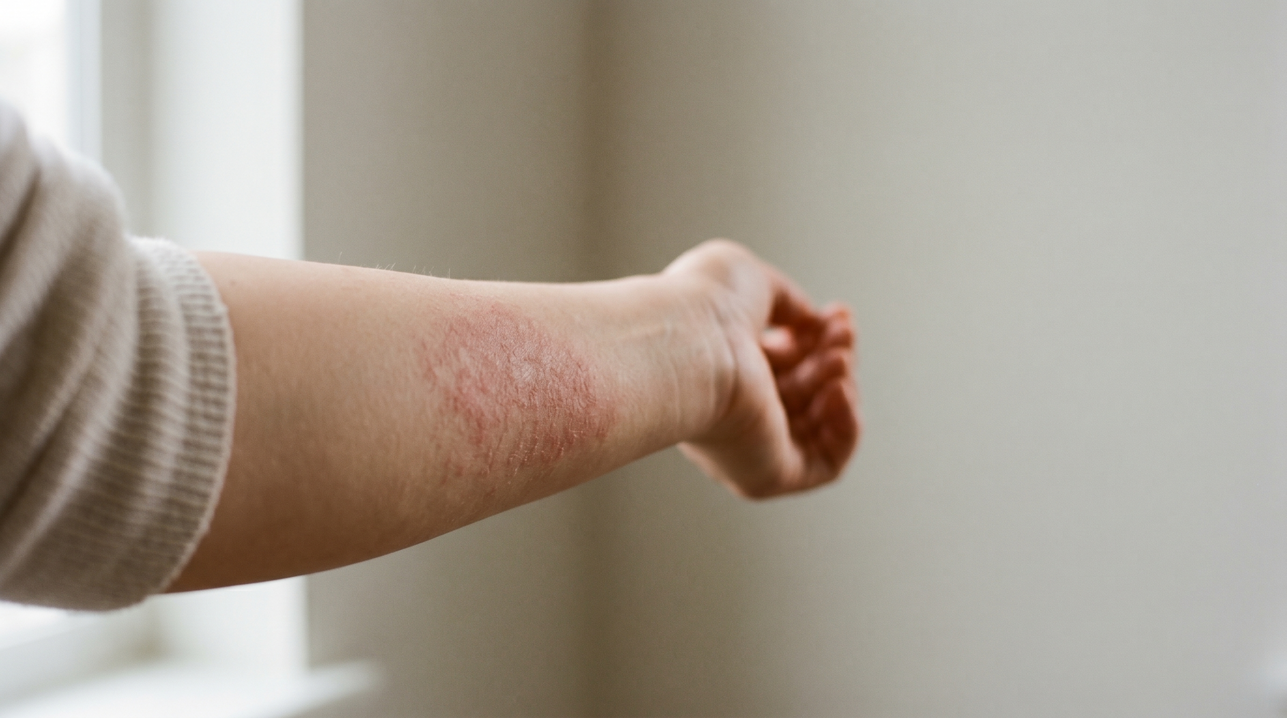 dust mite bites — close-up of an allergic rash on the forearm resembling eczema