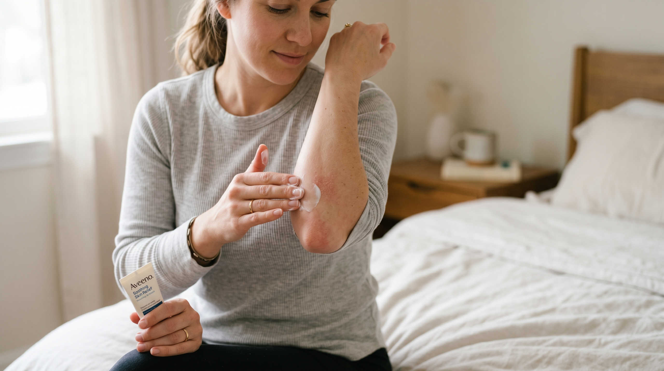 dust mite bites — woman applying soothing cream to irritated skin on the inner elbow