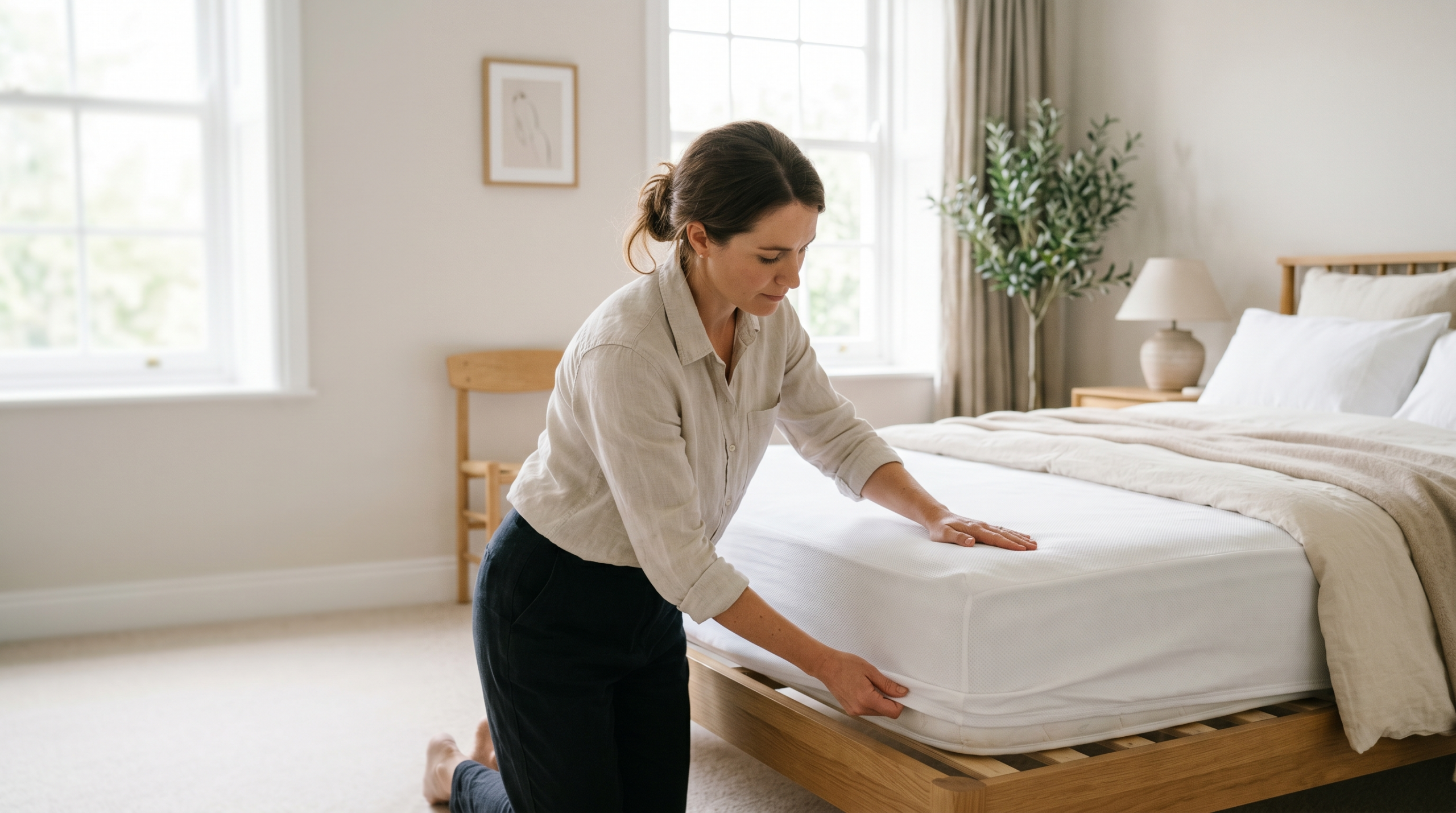 dust mite bites — fitting an anti-dust-mite barrier cover onto a mattress to prevent allergies
