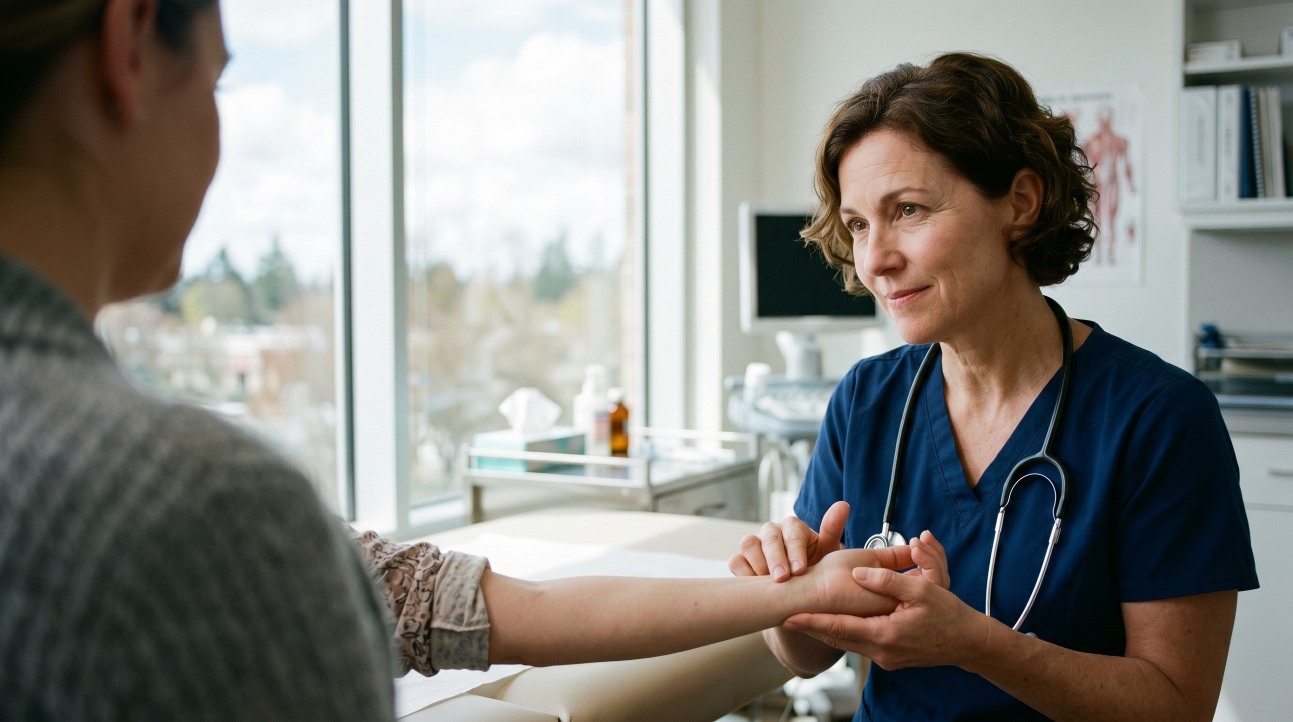 dust mite bites — patient discussing a skin rash with a doctor in the clinic